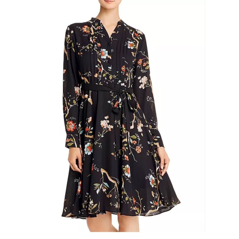 Nanette Lepore Botanical Floral Midi Shirt Dress Tie Waist Black Size 14